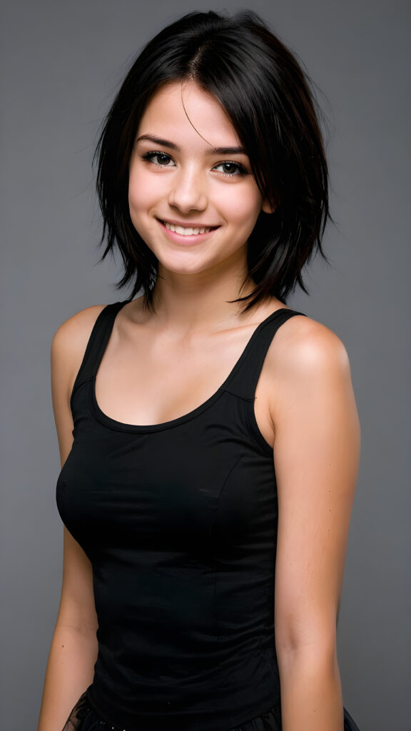 a young teen babe, dark hair, smile, in emo style, plain dark dressed