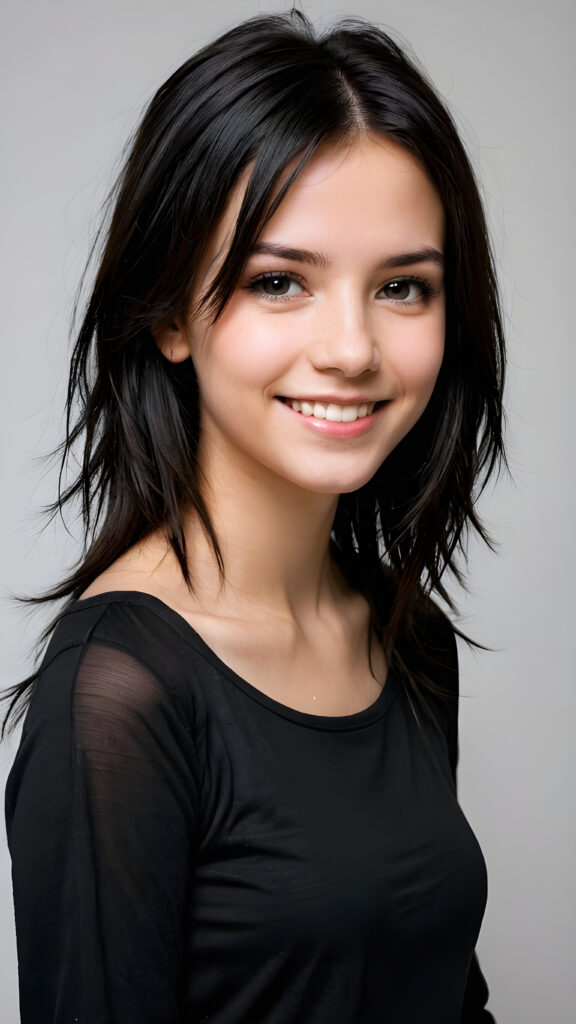 a young teen babe, dark hair, smile, in emo style, plain dark dressed