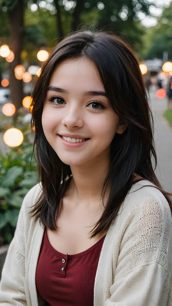 a young teen babe, dark hair, smile, in emo style