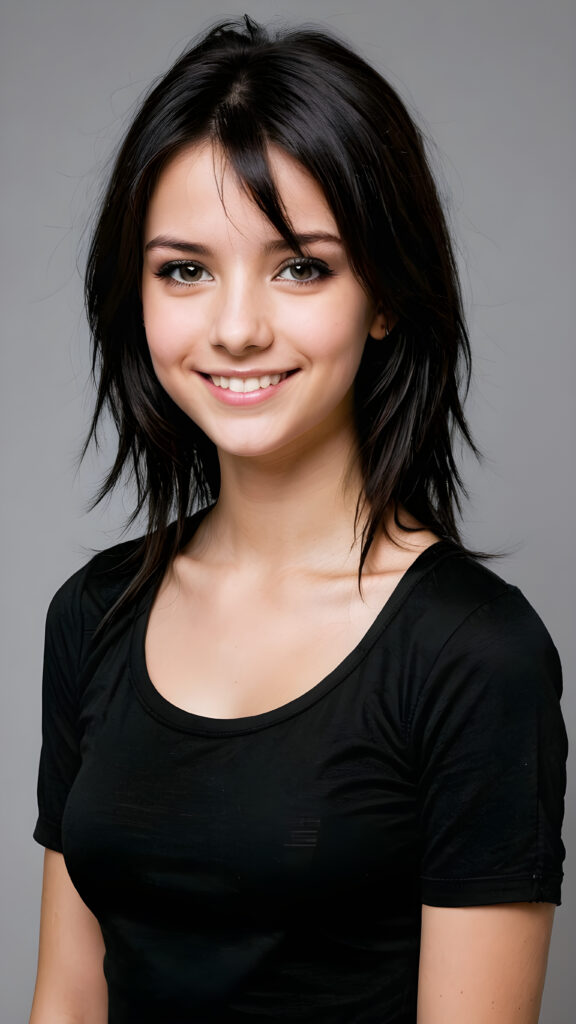 a young teen babe, dark hair, smile, in emo style, plain dark dressed