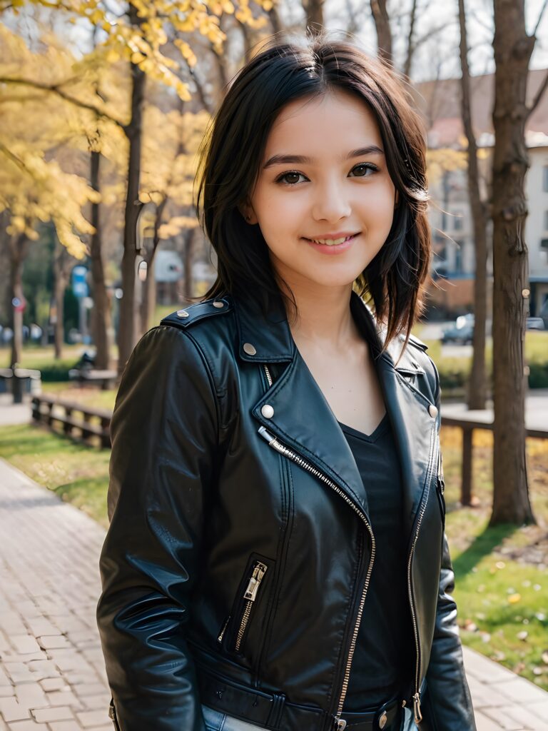 a young teen babe, dark jet hair, smile, in emo style, wears a thin, tight leather jacket, natural spring in backdrop