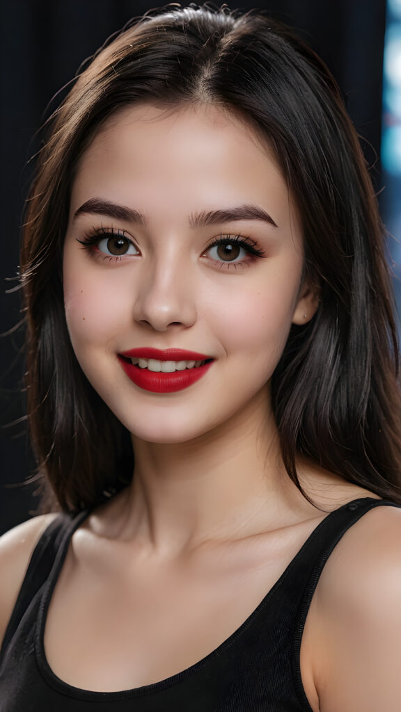 a young teen busty girl, pale complexion, ((long straight black soft hair)), ((black eyes)), ((dark red lipstick)), ((black eyeliner)), ((detailed beautiful face)), (((close-up portrait))), ((cute smile)), ((teen model)), black plain tank top, ((empty backdrop))