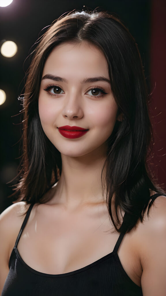 a young teen busty girl, pale complexion, ((long straight black soft hair)), ((black eyes)), ((dark red lipstick)), ((black eyeliner)), ((detailed beautiful face)), (((close-up portrait))), ((cute smile)), ((teen model)), black plain tank top, ((empty backdrop))