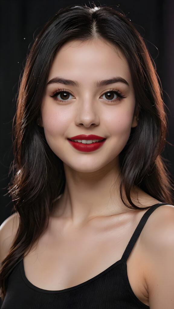 a young teen busty girl, pale complexion, ((long straight black soft hair)), ((black eyes)), ((dark red lipstick)), ((black eyeliner)), ((detailed beautiful face)), (((close-up portrait))), ((cute smile)), ((teen model)), black plain tank top, ((empty backdrop))