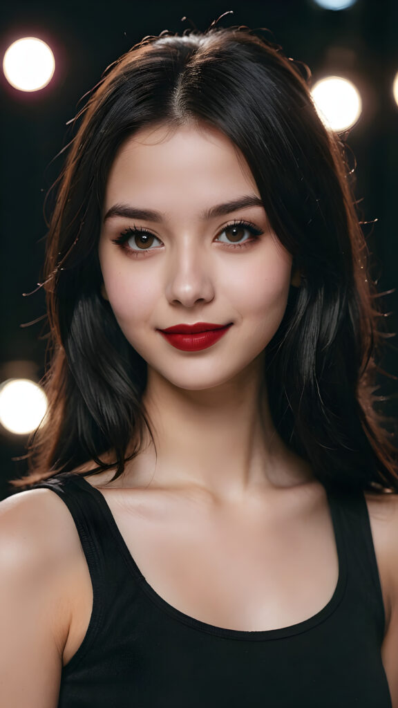 a young teen busty girl, pale complexion, ((long straight black soft hair)), ((black eyes)), ((dark red lipstick)), ((black eyeliner)), ((detailed beautiful face)), (((close-up portrait))), ((cute smile)), ((teen model)), black plain tank top, ((empty backdrop))