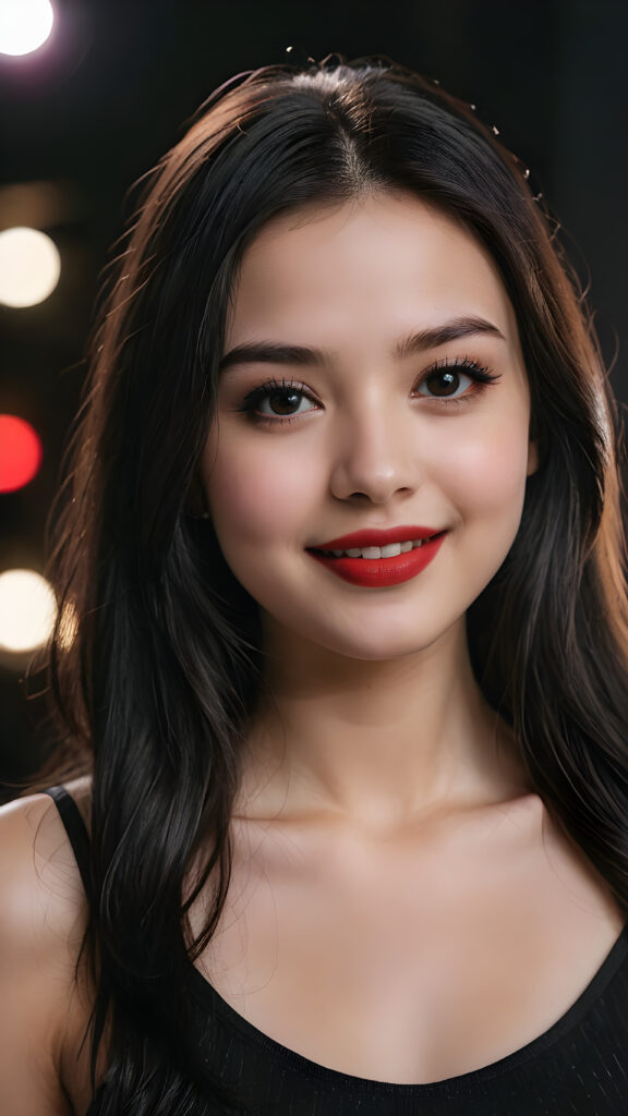 a young teen busty girl, pale complexion, ((long straight black soft hair)), ((black eyes)), ((dark red lipstick)), ((black eyeliner)), ((detailed beautiful face)), (((close-up portrait))), ((cute smile)), ((teen model)), black plain tank top, ((empty backdrop))