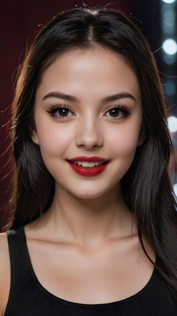 a young teen busty girl, pale complexion, ((long straight black soft hair)), ((black eyes)), ((dark red lipstick)), ((black eyeliner)), ((detailed beautiful face)), (((close-up portrait))), ((cute smile)), ((teen model)), black plain tank top, ((empty backdrop))