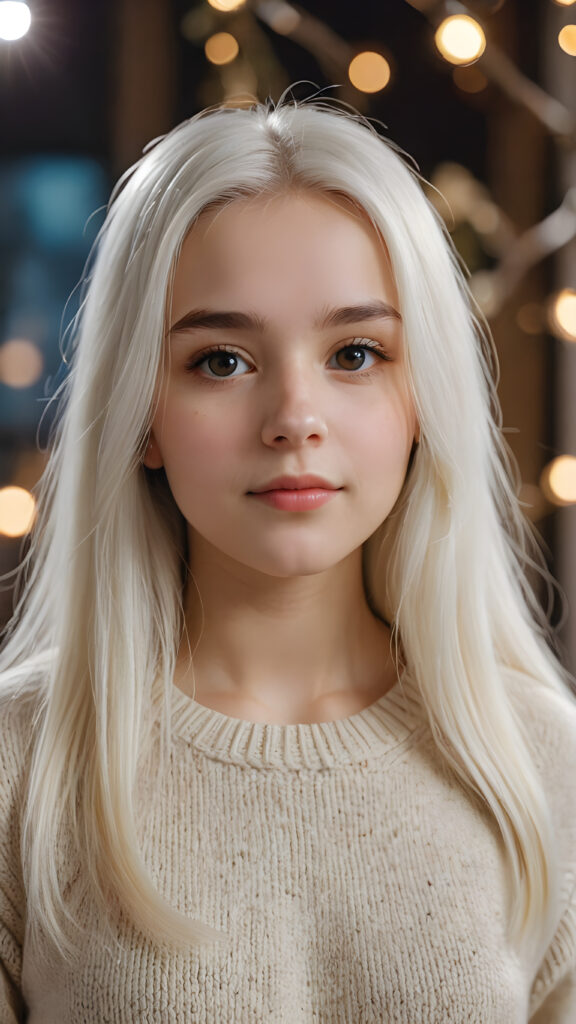 a (((young teen girl))), wears a super fine wool sweater, ((long straight white hair)) super realistic