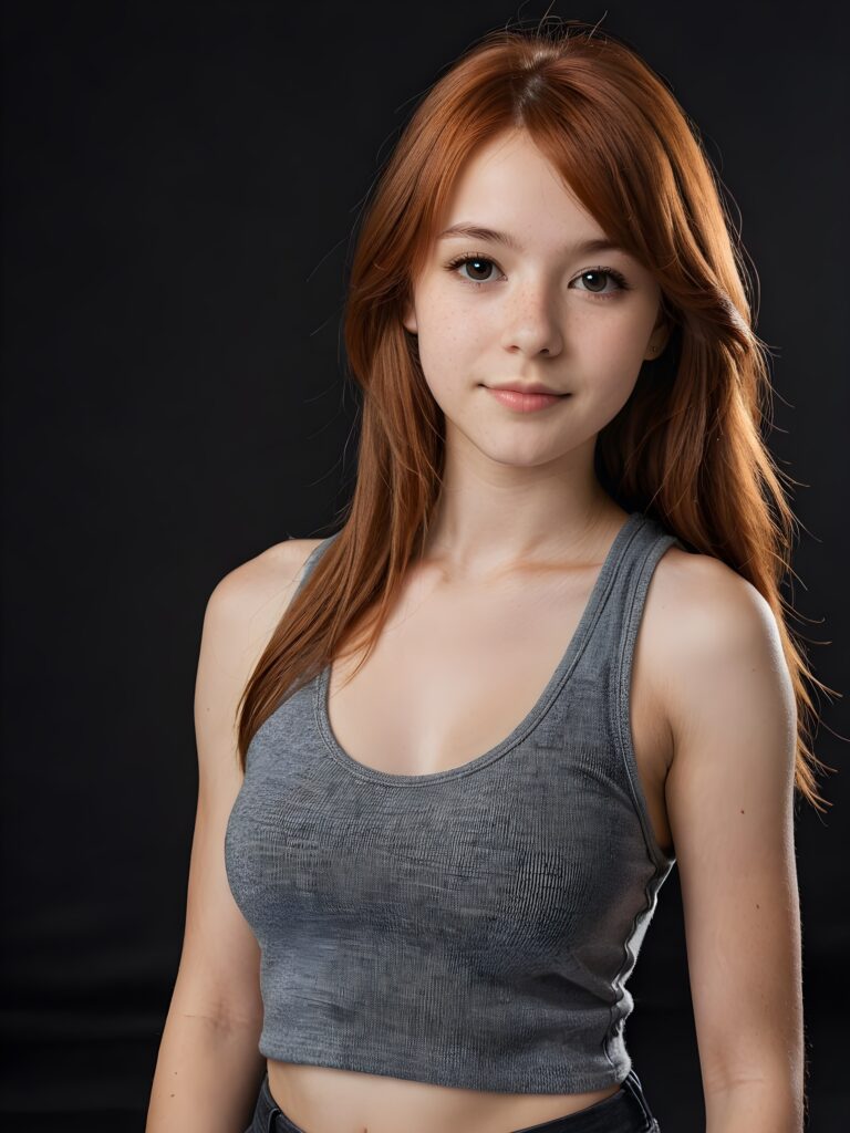 a (((young teen girl))), 15 years old with (((jet auburn-red thick straight long hair))) and bangs, wearing a (((fine grey wool cropped tank top))), capturing (((stunning gorgeousness))) against a (((black background)))