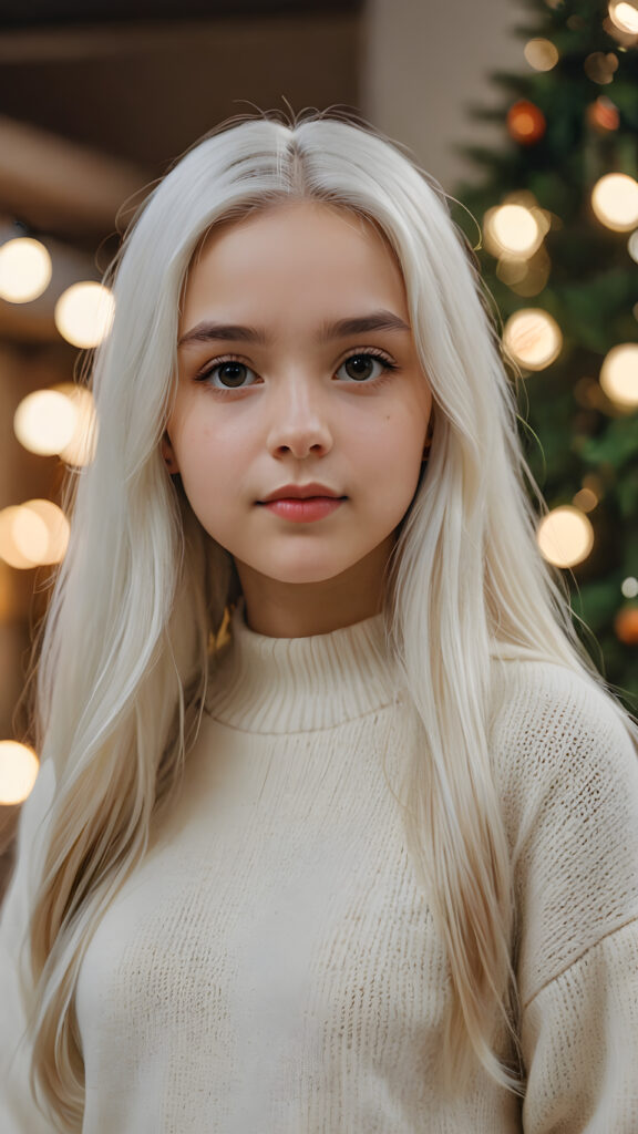 a (((young teen girl))), wears a super fine wool sweater, ((long straight white hair)) super realistic