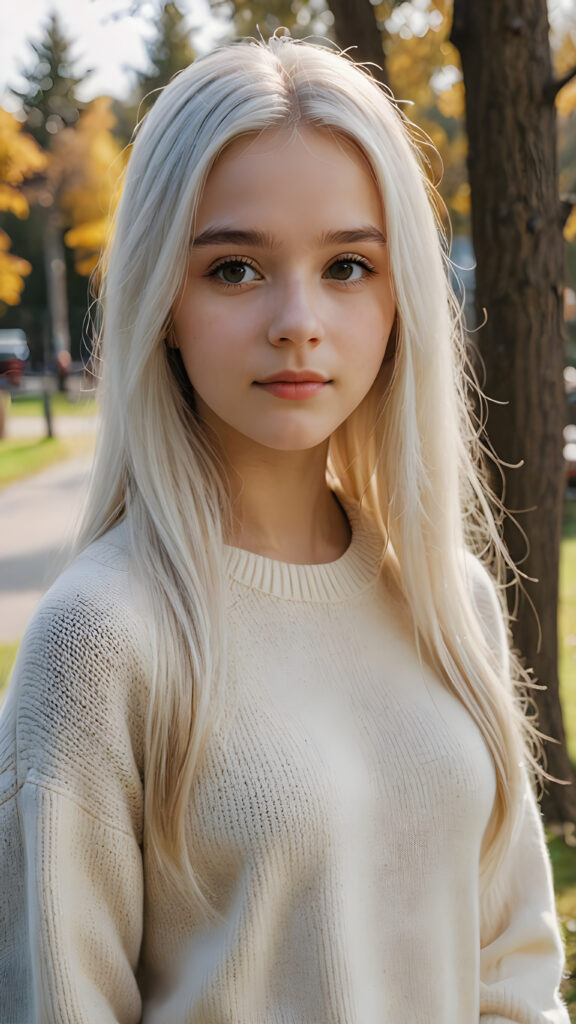 a (((young teen girl))), wears a super fine wool sweater, ((long straight white hair)) super realistic