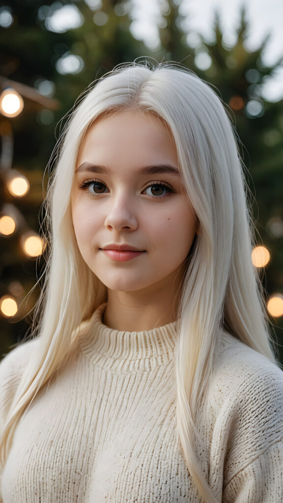 a (((young teen girl))), wears a super fine wool sweater, ((long straight white hair)) super realistic