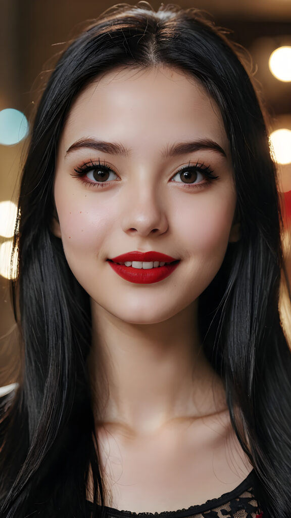 a young teen girl, pale complexion, ((long straight black hair)), ((black eyes)), ((dark red lipstick)), ((black eyeliner)), ((detailed beautiful face)), (((close-up portrait))), ((cute smile)), ((teen model))