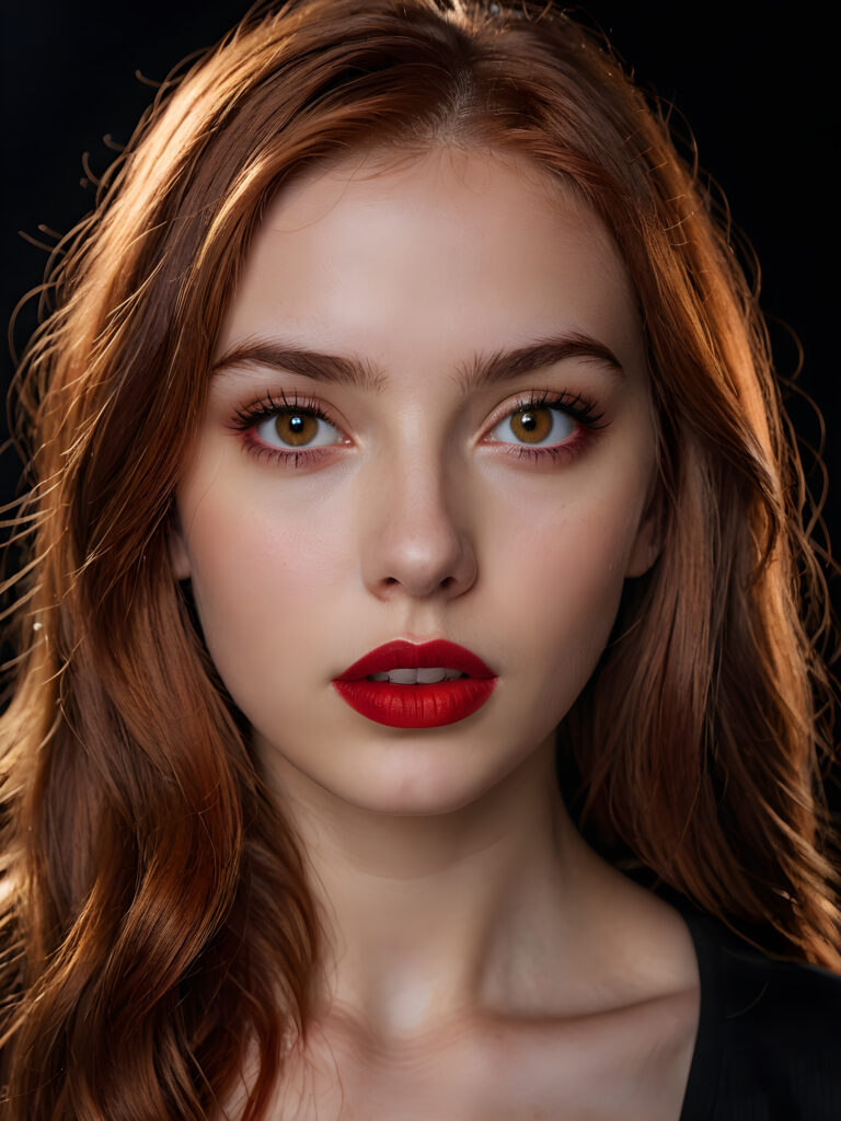 a young teen girl ((stunning)) ((gorgeous)) ((detailed close-up portrait)) ((dark black background)) ((weak light illuminates the image)) ((amber eyes)) ((straight hair)) ((red hair)), she has her mouth slightly open and looks seductively at the viewer, ((full red lips))