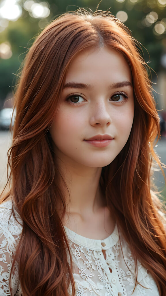 a young teen girl, detailed close-up portrait, straight copper-red detailed soft hair, ((stunning)) ((gorgeous))