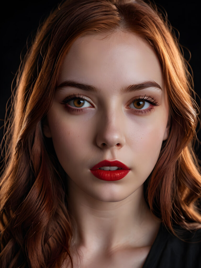 a young teen girl ((stunning)) ((gorgeous)) ((detailed close-up portrait)) ((dark black background)) ((weak light illuminates the image)) ((amber eyes)) ((straight hair)) ((red hair)), she has her mouth slightly open and looks seductively at the viewer, ((full red lips))