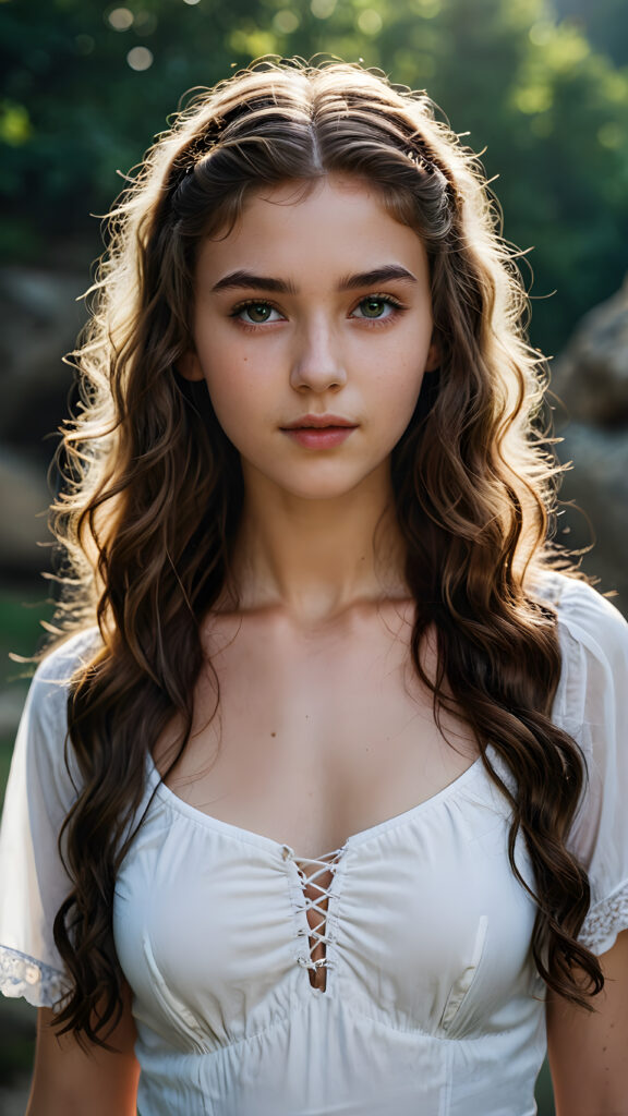 a young teen girl, ((detailed wavy hair)), perfect face, white cropped top, ((the grand sorceress))