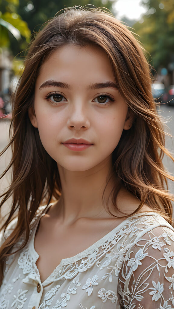 a young teen girl close-up portrait, straight brown hair, ((stunning)) ((gorgeous)) ((detailed artwork))