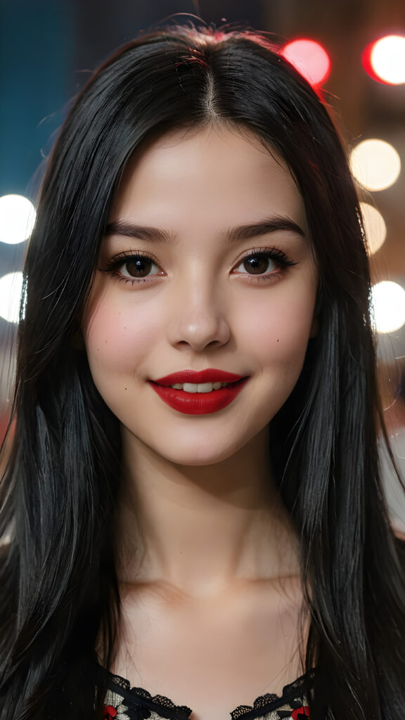 a young teen girl, pale complexion, ((long straight black hair)), ((black eyes)), ((dark red lipstick)), ((black eyeliner)), ((detailed beautiful face)), (((close-up portrait))), ((cute smile)), ((teen model))