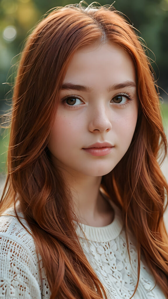 a young teen girl, detailed close-up portrait, straight copper-red detailed soft hair, ((stunning)) ((gorgeous))