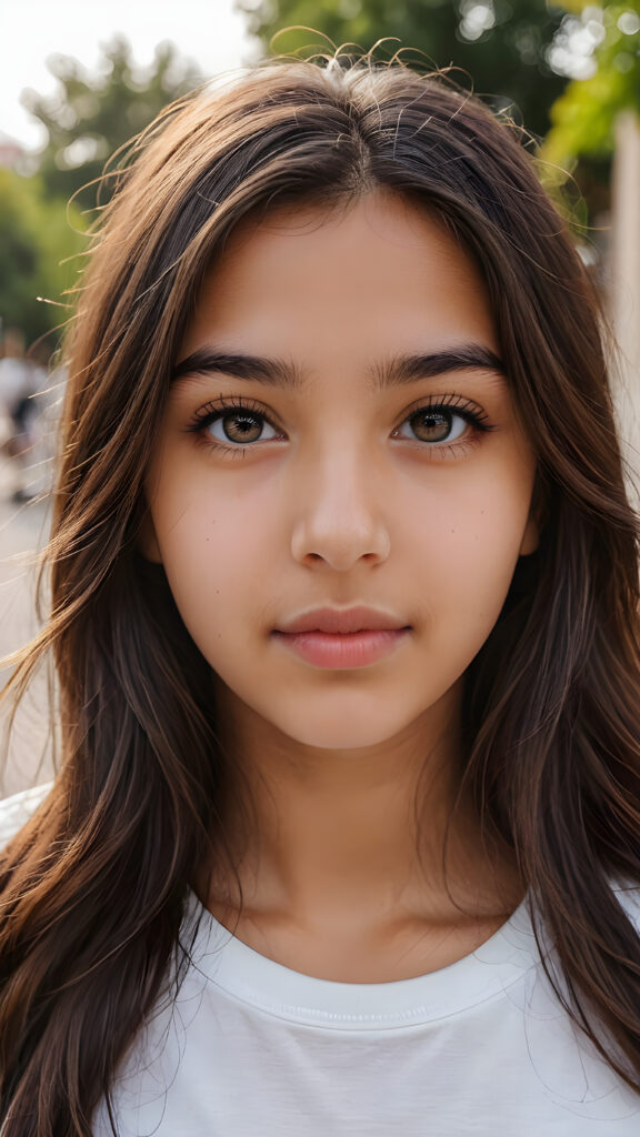 a young teen girl from middle east ((stunning)) ((gorgeous)) ((detailed close-up portrait)), plain soft hair, white t-shirt, detailed beautiful eyes