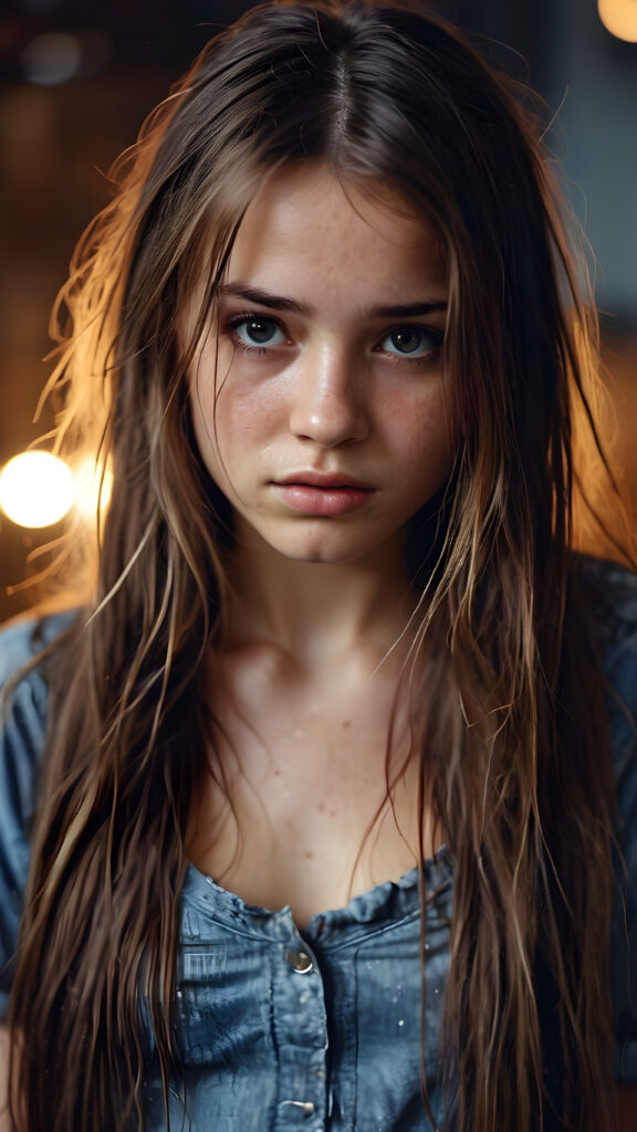 a young teen girl. She is poor and scantily tattered dressed. She cries. She is alone. Her long straight hair is disheveled and dirty. She looks sadly into the camera. ((realistic, detailed photo))