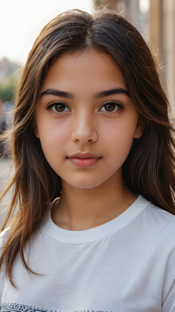 a young teen girl from middle east ((stunning)) ((gorgeous)) ((detailed close-up portrait)), plain soft hair, white t-shirt, detailed beautiful eyes