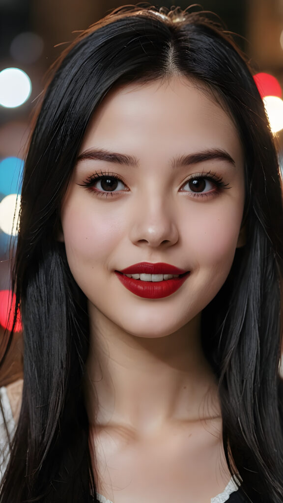 a young teen girl, pale complexion, ((long straight black hair)), ((black eyes)), ((dark red lipstick)), ((black eyeliner)), ((detailed beautiful face)), (((close-up portrait))), ((cute smile)), ((teen model))