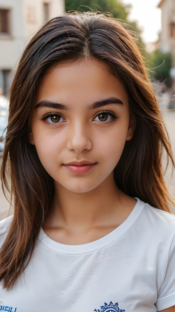 a young teen girl from middle east ((stunning)) ((gorgeous)) ((detailed close-up portrait)), plain soft hair, white t-shirt, detailed beautiful eyes