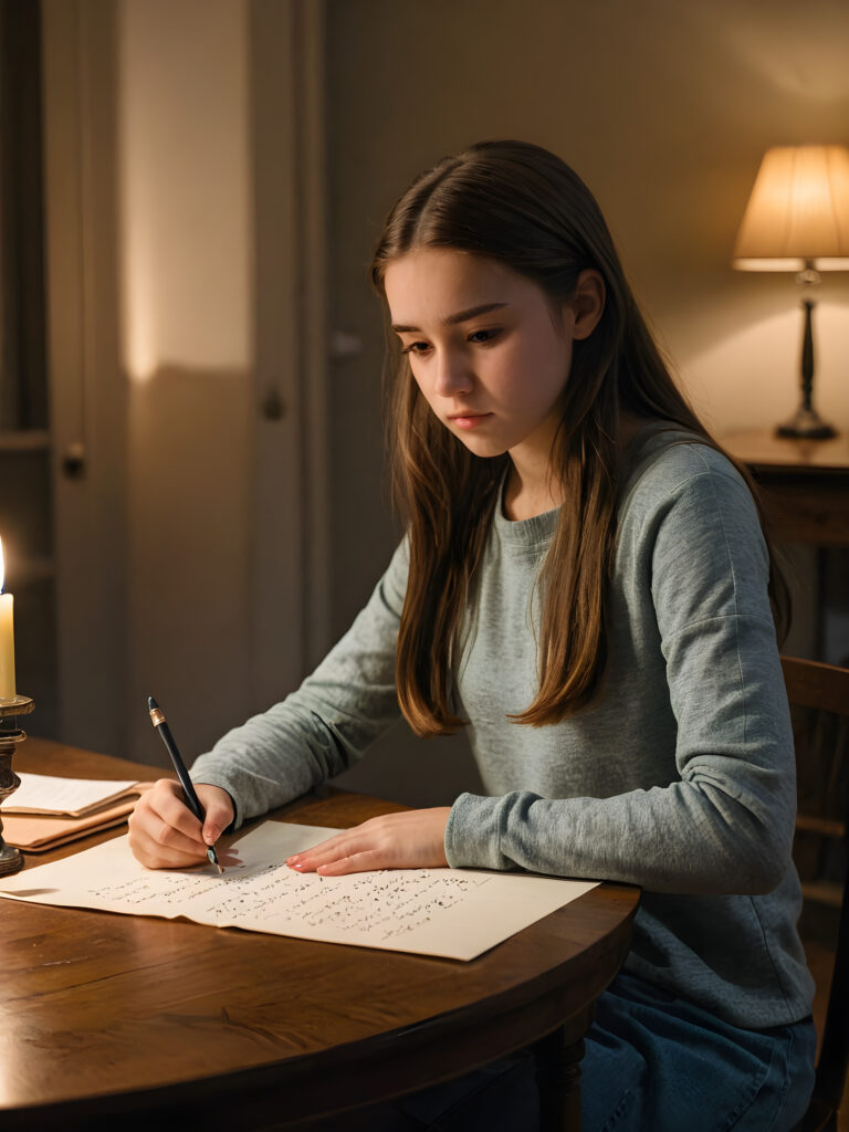 a young teen girl sits at a table and writes a letter. She looks sad. Dim light illuminates the room and creates a mysterious atmosphere.