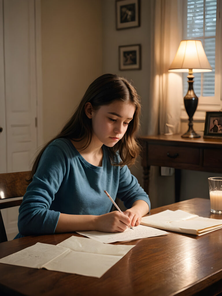 a young teen girl sits at a table and writes a letter. She looks sad. Dim light illuminates the room and creates a mysterious atmosphere.