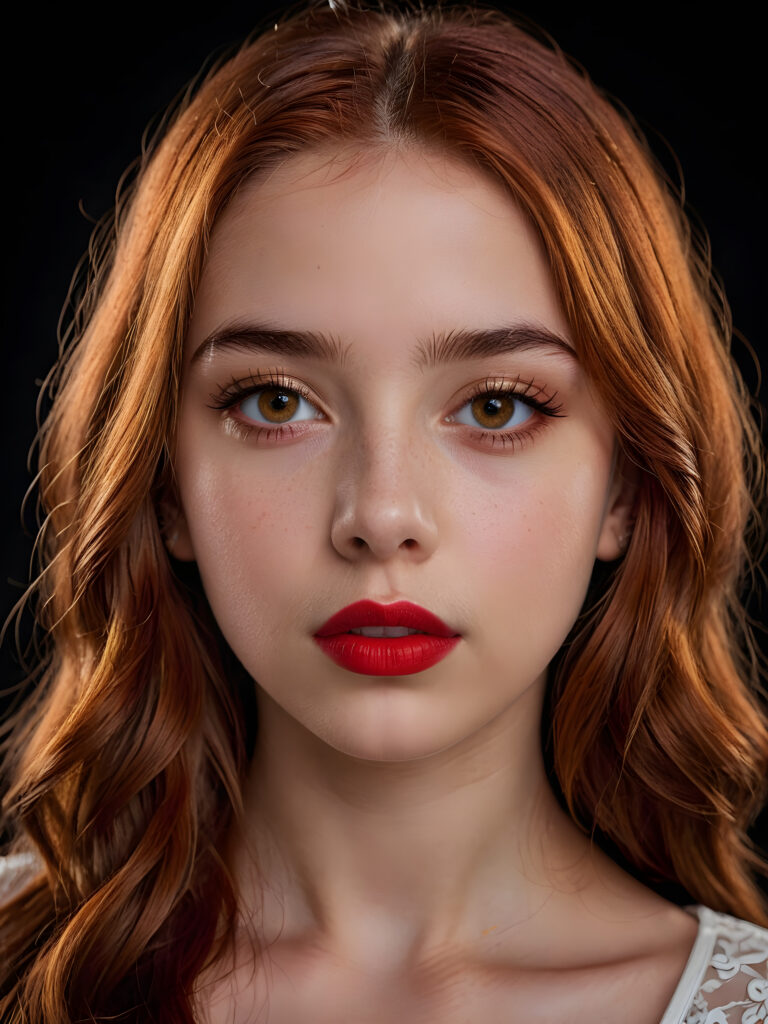 a young teen girl ((stunning)) ((gorgeous)) ((detailed close-up portrait)) ((dark black background)) ((weak light illuminates the image)) ((amber eyes)) ((straight hair)) ((red hair)), she has her mouth slightly open and looks seductively at the viewer, ((full red lips))