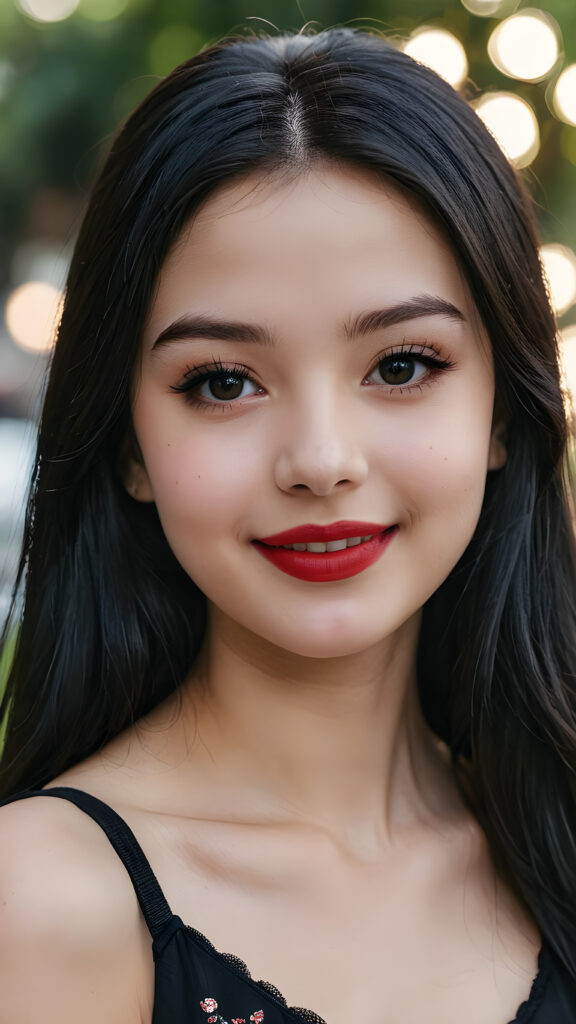 a young teen girl, pale complexion, ((long straight black hair)), ((black eyes)), ((dark red lipstick)), ((black eyeliner)), ((detailed beautiful face)), (((close-up portrait))), ((cute smile)), ((teen model))