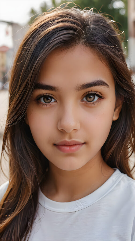 a young teen girl from middle east ((stunning)) ((gorgeous)) ((detailed close-up portrait)), plain soft hair, white t-shirt, detailed beautiful eyes