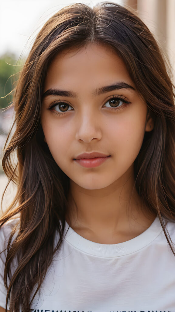 a young teen girl from middle east ((stunning)) ((gorgeous)) ((detailed close-up portrait)), plain soft hair, white t-shirt, detailed beautiful eyes