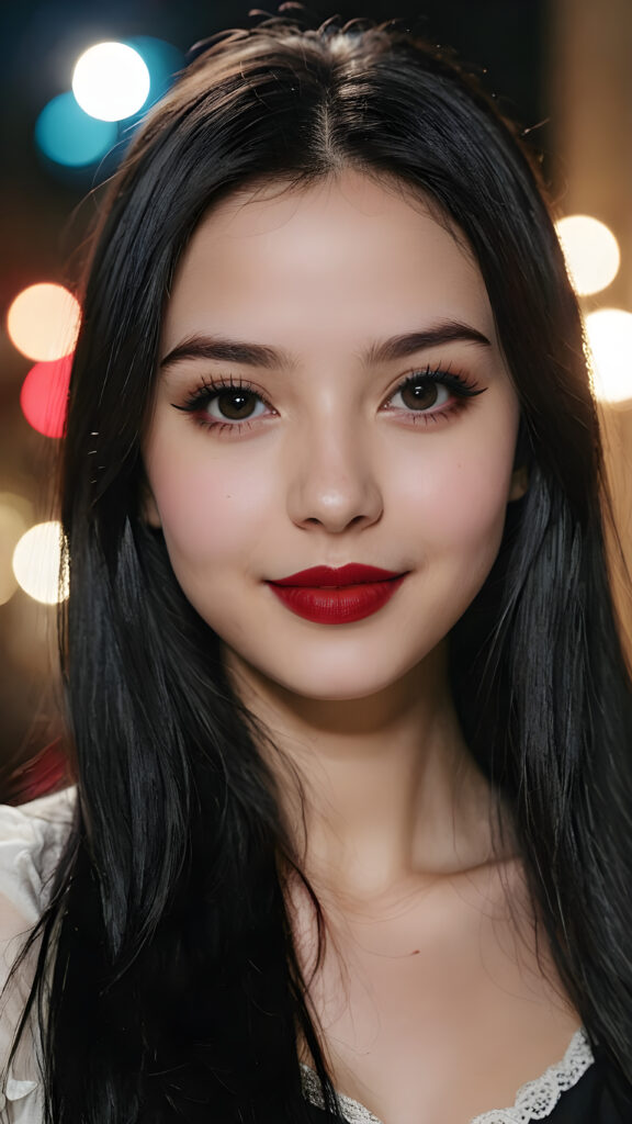 a young teen girl, pale complexion, ((long straight black hair)), ((black eyes)), ((dark red lipstick)), ((black eyeliner)), ((detailed beautiful face)), (((close-up portrait))), ((cute smile)), ((teen model))