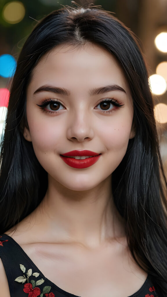 a young teen girl, pale complexion, ((long straight black hair)), ((black eyes)), ((dark red lipstick)), ((black eyeliner)), ((detailed beautiful face)), (((close-up portrait))), ((cute smile)), ((teen model))