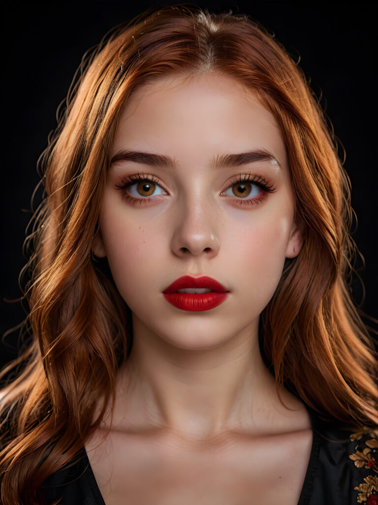 a young teen girl ((stunning)) ((gorgeous)) ((detailed close-up portrait)) ((dark black background)) ((weak light illuminates the image)) ((amber eyes)) ((straight hair)) ((red hair)), she has her mouth slightly open and looks seductively at the viewer, ((full red lips))