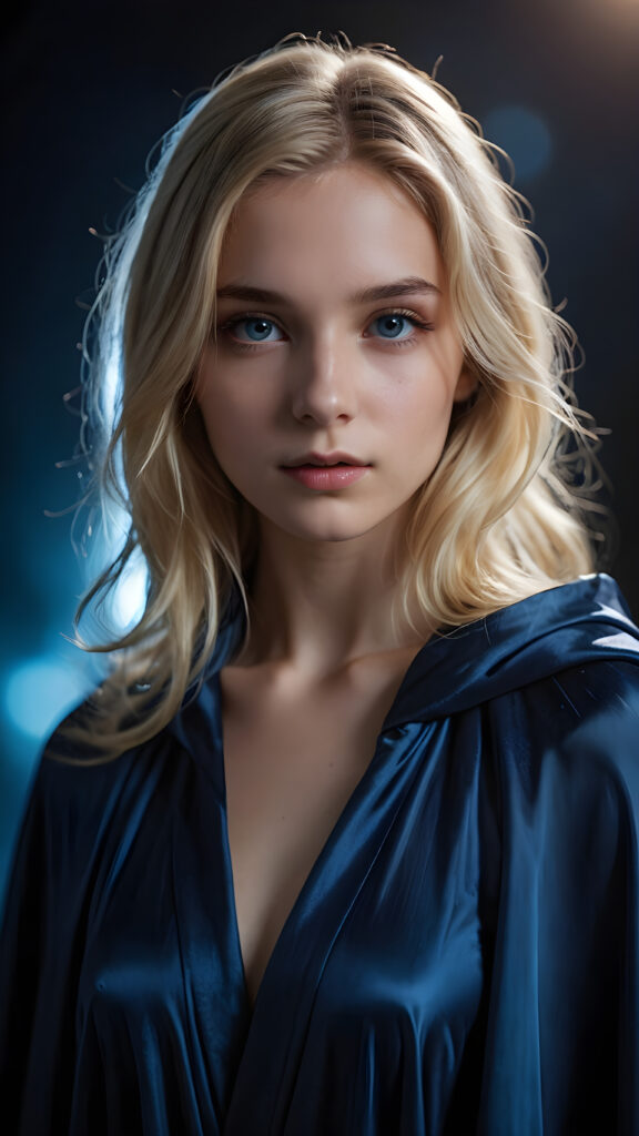 a young teen girl in a thin silk cloak with blonde, detailed hair, close-up, a blue aura surrounds her, she has a perfect body, ((stunnung)) ((mysterious)) ((dark background)) (round face)