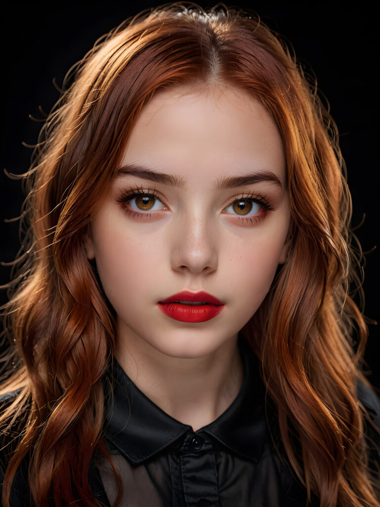 a young teen girl ((stunning)) ((gorgeous)) ((detailed close-up portrait)) ((dark black background)) ((weak light illuminates the image)) ((amber eyes)) ((straight hair)) ((red hair)), she has her mouth slightly open and looks seductively at the viewer, ((full red lips))