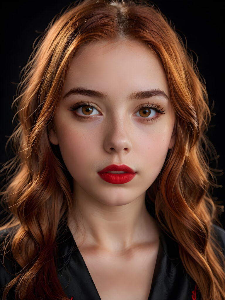 a young teen girl ((stunning)) ((gorgeous)) ((detailed close-up portrait)) ((dark black background)) ((weak light illuminates the image)) ((amber eyes)) ((straight hair)) ((red hair)), she has her mouth slightly open and looks seductively at the viewer, ((full red lips))