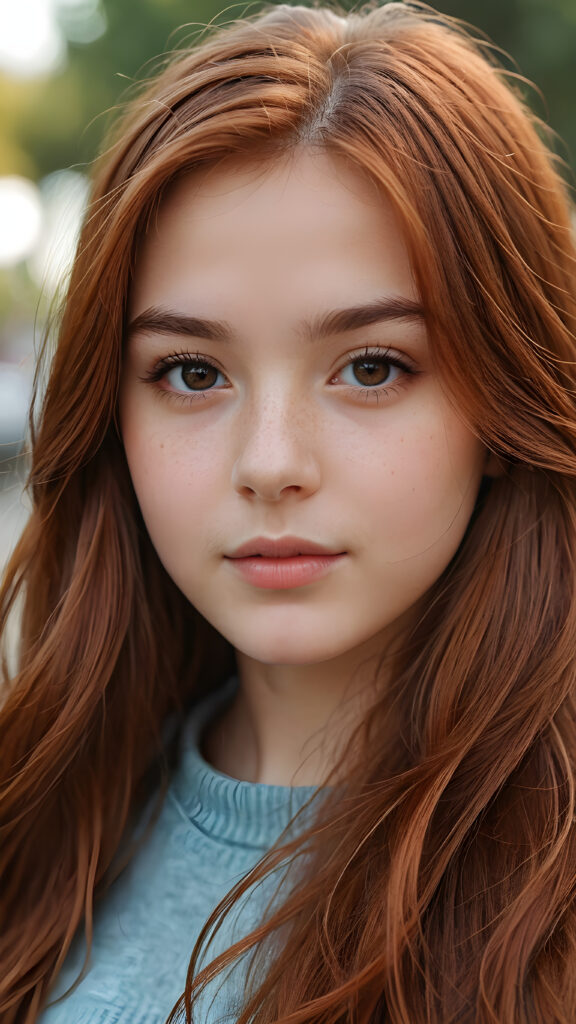 a young teen girl, detailed close-up portrait, straight copper-red detailed soft hair, ((stunning)) ((gorgeous))