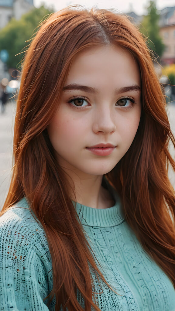 a young teen girl, detailed close-up portrait, straight copper-red detailed soft hair, ((stunning)) ((gorgeous))