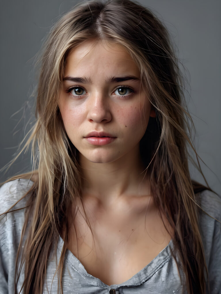 a young teen girl. She is poor and scantily tattered dressed. She cries. She is alone. Her long straight hair is disheveled and dirty. She looks sadly into the camera. ((realistic, detailed photo)), grey background