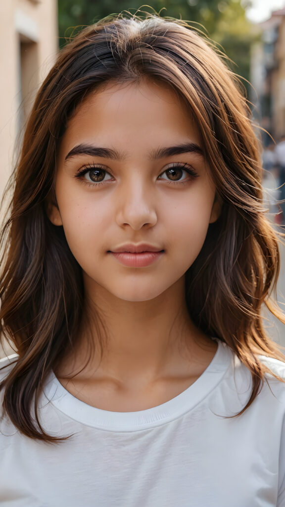 a young teen girl from middle east ((stunning)) ((gorgeous)) ((detailed close-up portrait)), plain soft hair, white t-shirt, detailed beautiful eyes