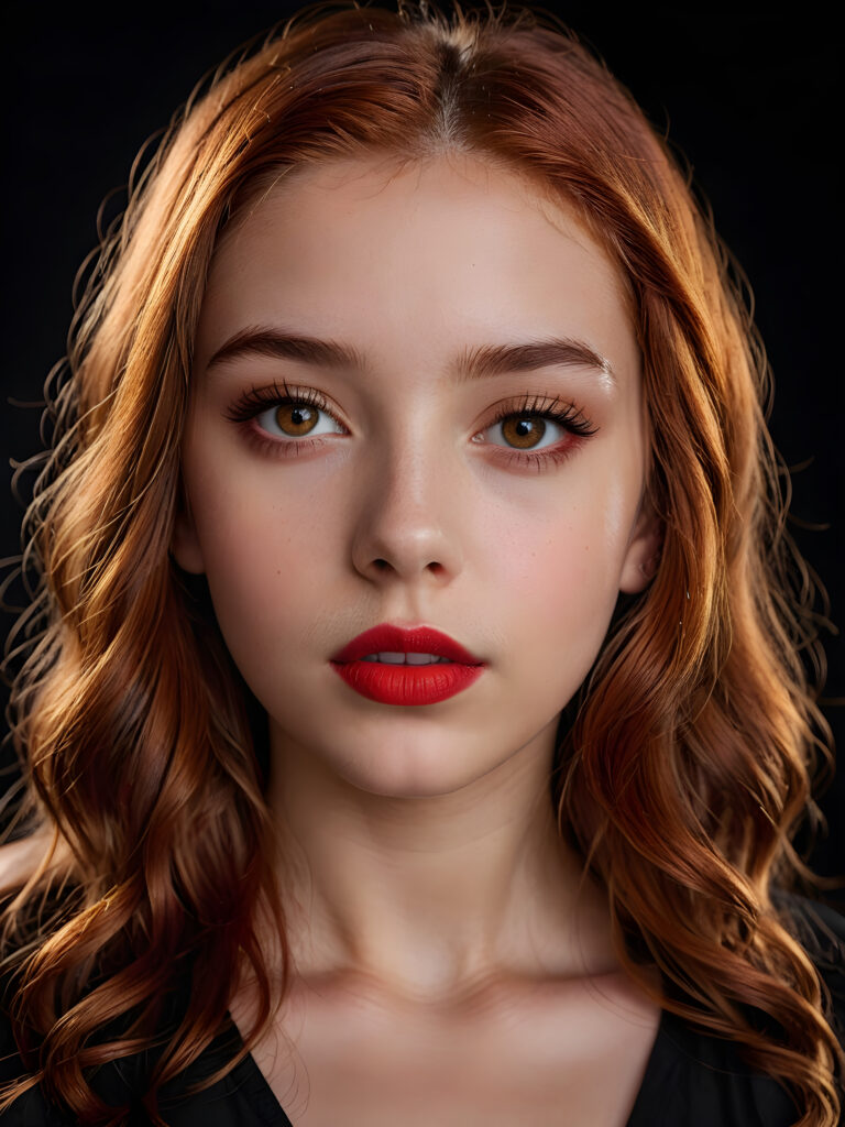 a young teen girl ((stunning)) ((gorgeous)) ((detailed close-up portrait)) ((dark black background)) ((weak light illuminates the image)) ((amber eyes)) ((straight hair)) ((red hair)), she has her mouth slightly open and looks seductively at the viewer, ((full red lips))