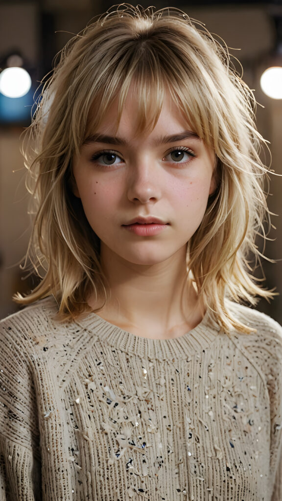 a young teenage girl with a (disheveled blonde straight hairstyle, bangs cut, and dirty face), whose eyes shine with a troubled mind, she wears a plain thin sweater, set against a backdrop of meticulously drawn, detailed intricacies that give off a (sharp focus), against a luxurious studio atmosphere