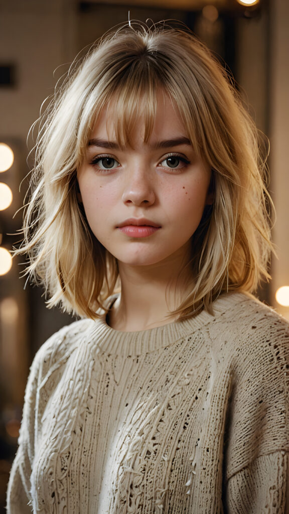 a young teenage girl with a (disheveled blonde straight hairstyle, bangs cut, and dirty face), whose eyes shine with a troubled mind, she wears a plain thin sweater, set against a backdrop of meticulously drawn, detailed intricacies that give off a (sharp focus), against a luxurious studio atmosphere