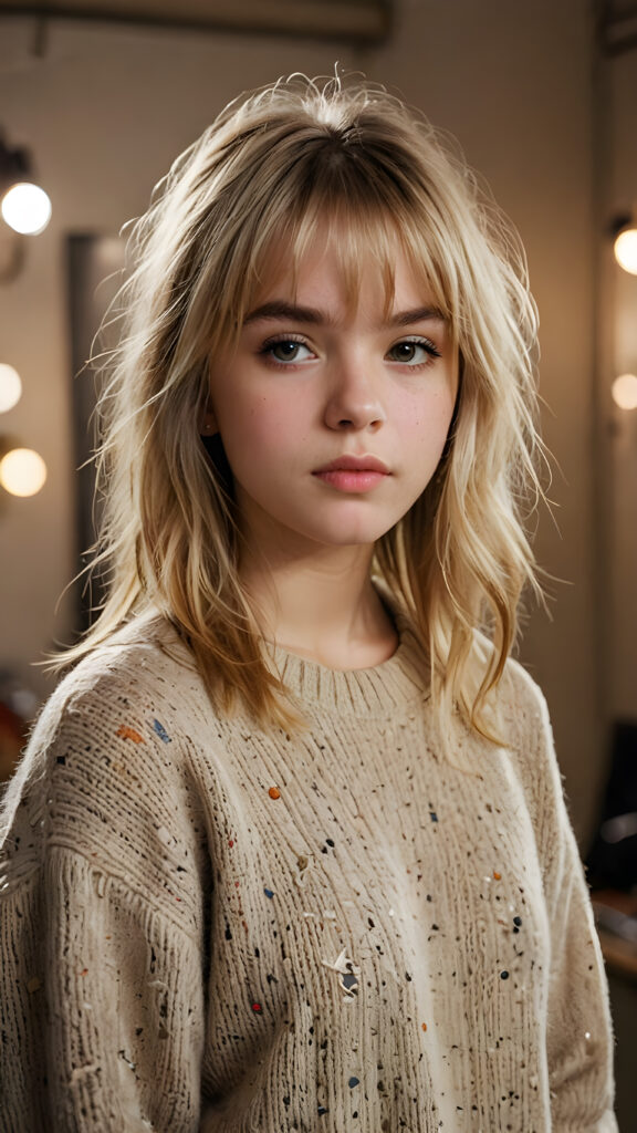 a young teenage girl with a (disheveled blonde straight hairstyle, bangs cut, and dirty face), whose eyes shine with a troubled mind, she wears a plain thin sweater, set against a backdrop of meticulously drawn, detailed intricacies that give off a (sharp focus), against a luxurious studio atmosphere