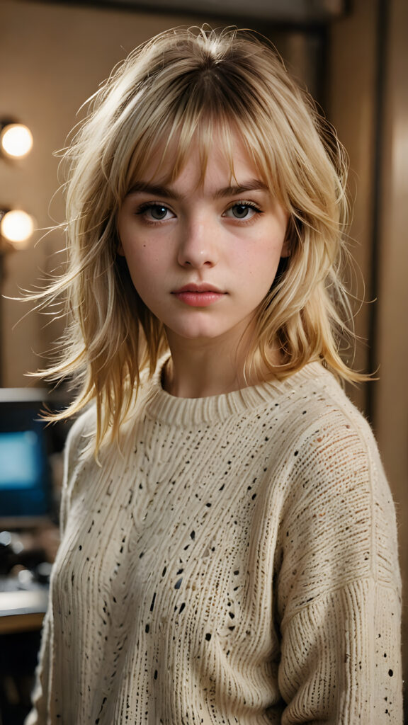 a young teenage girl with a (disheveled blonde straight hairstyle, bangs cut, and dirty face), whose eyes shine with a troubled mind, she wears a plain thin sweater, set against a backdrop of meticulously drawn, detailed intricacies that give off a (sharp focus), against a luxurious studio atmosphere